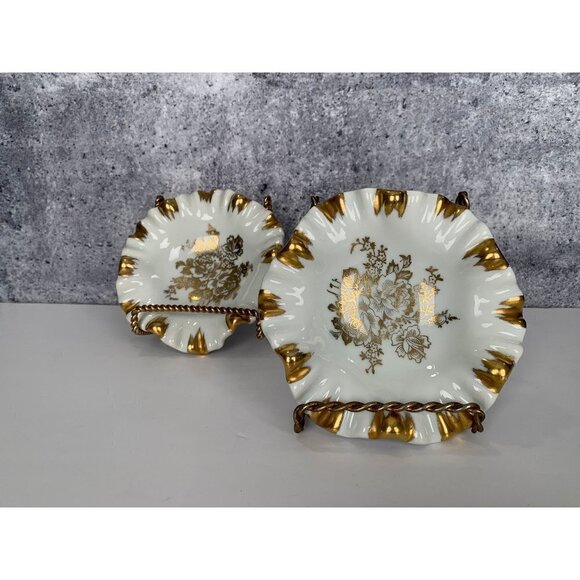 Pair French Dish Birks Pate de Limoges white gold Vintage Hollywood Regency - Picture 1 of 10